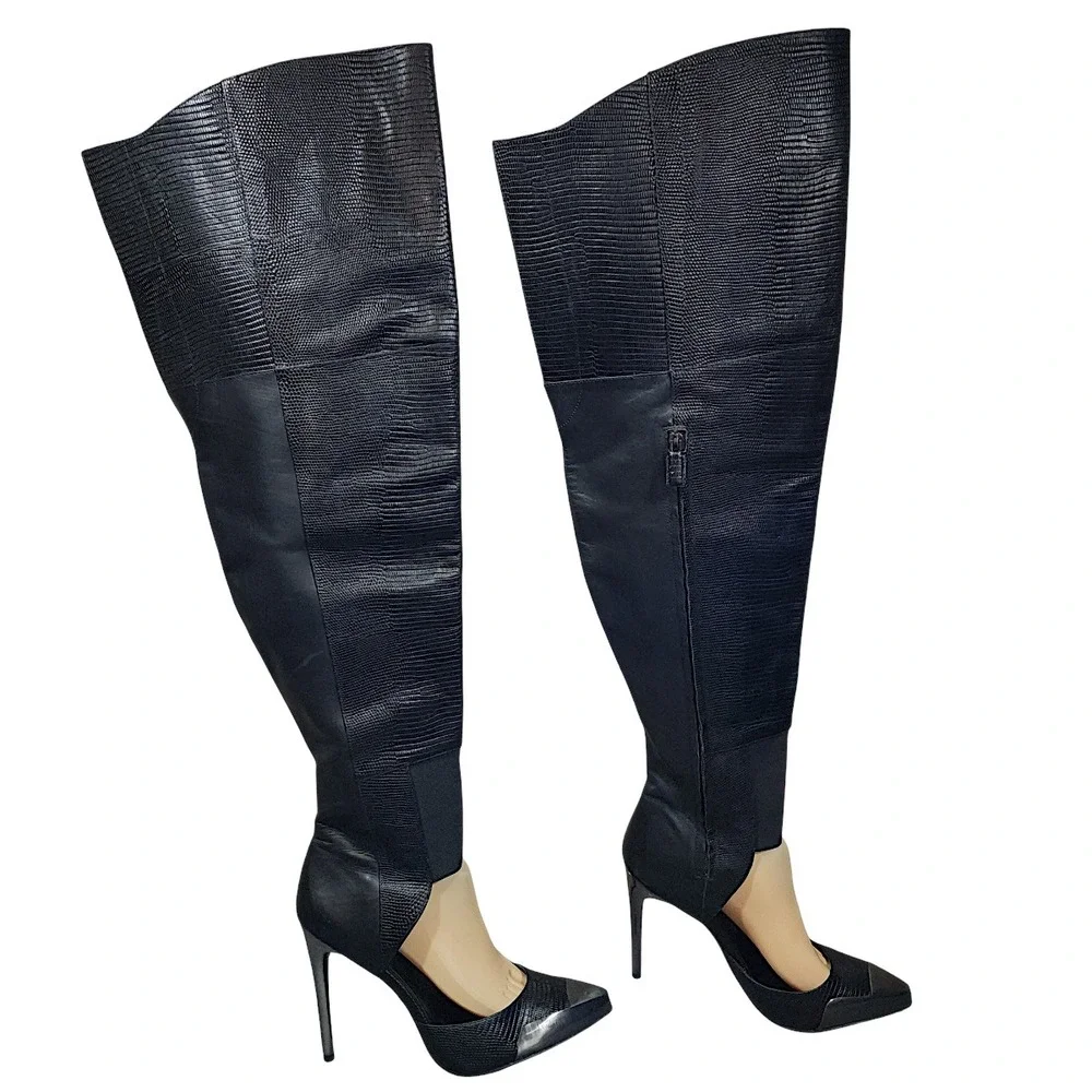 BCBGMAXAZRIA Runway Boots 9M Concorde Black Leather Lizard Print Thigh High 4.5
